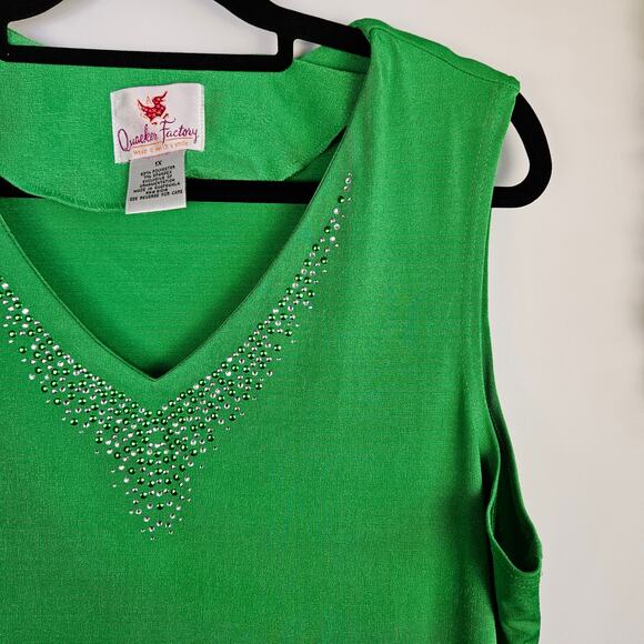 Quacker Factory 2-Piece Set Top Button Cardigan Kelly Green 1X Rhinestone V-Neck - Picture 6 of 12